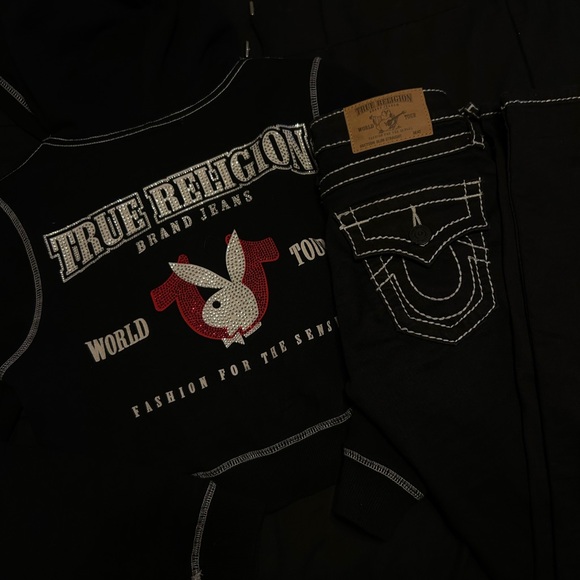 True Religion Black and White Graphic Hoodie and Jeans - Picture 1 of 8